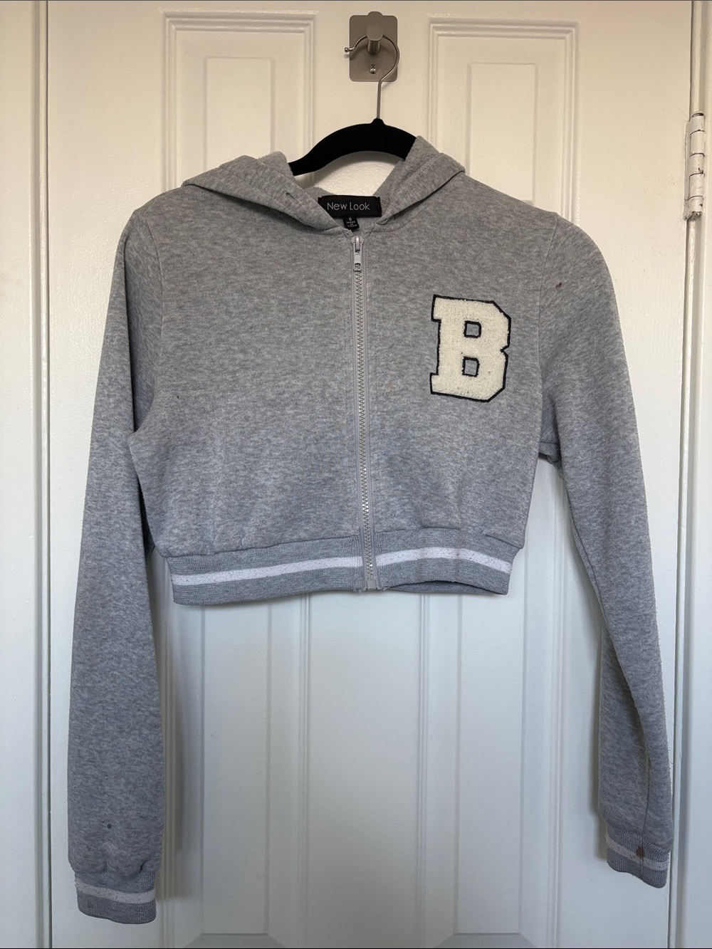 New Look Grey Cropped Zip Hoodie with Cream 'B' Patch